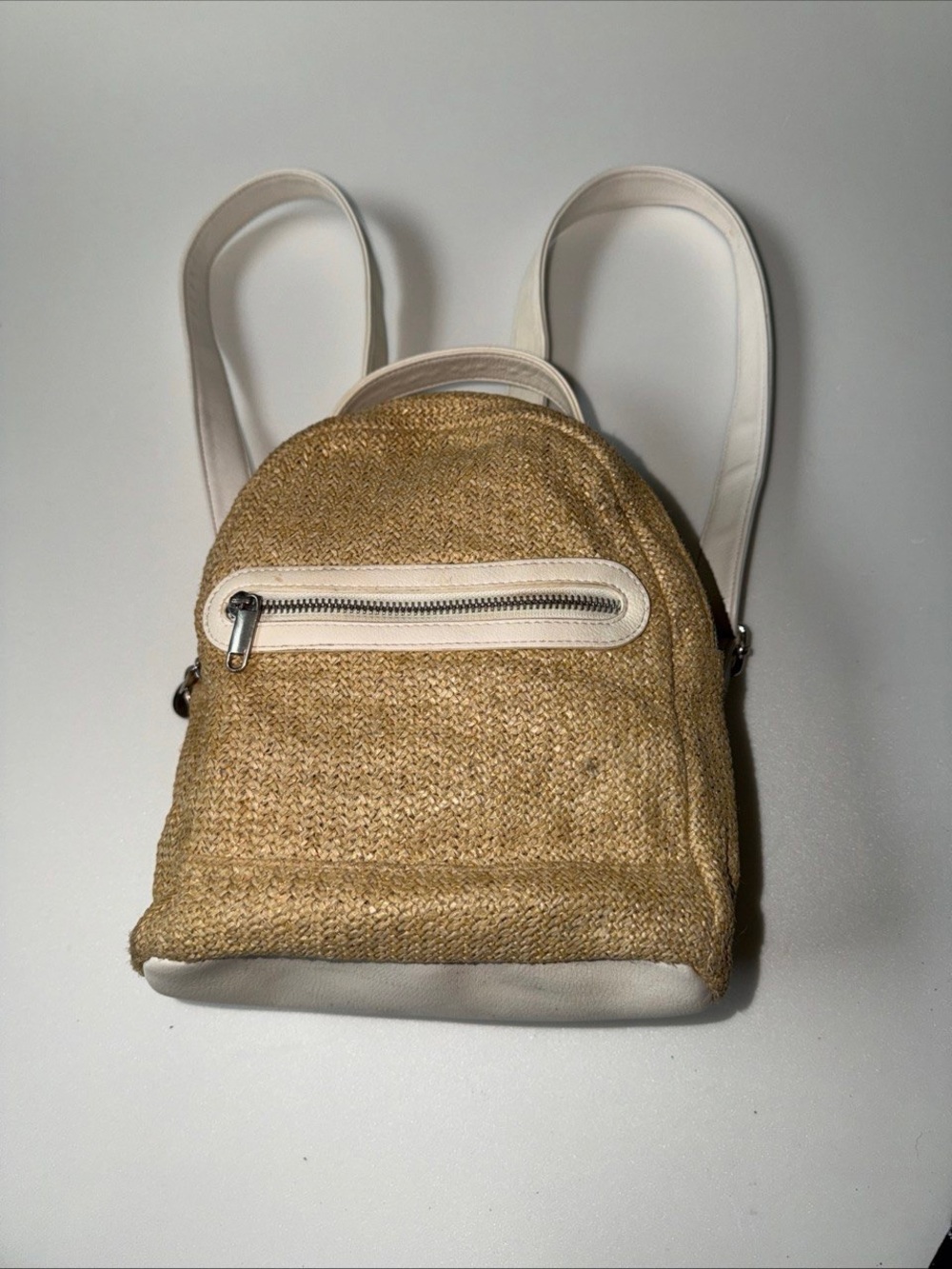 Natural Woven Mini Backpack with White Trim